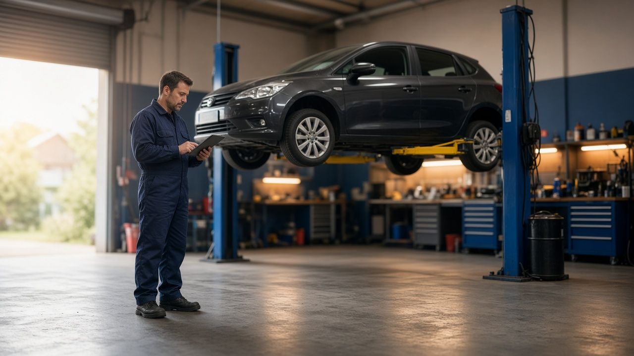 Mechanic in a garage workshop checking a job on a tablet